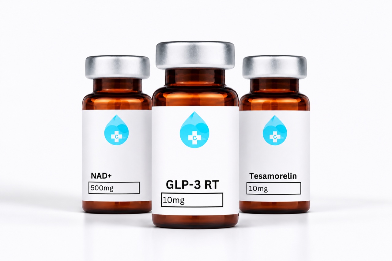 NAD+, GLP-3 RT, and Tesamorelin peptide vials from Refresh Wellness